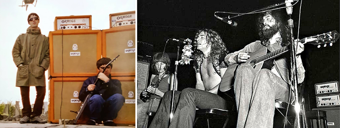 Liam Gallagher of Oasis poses in front of a stack of Orange amplifiers (left), Jimmy Page of Led Zeppelin on stage playing with Orange Amps September 1971 in Honolulu (right).