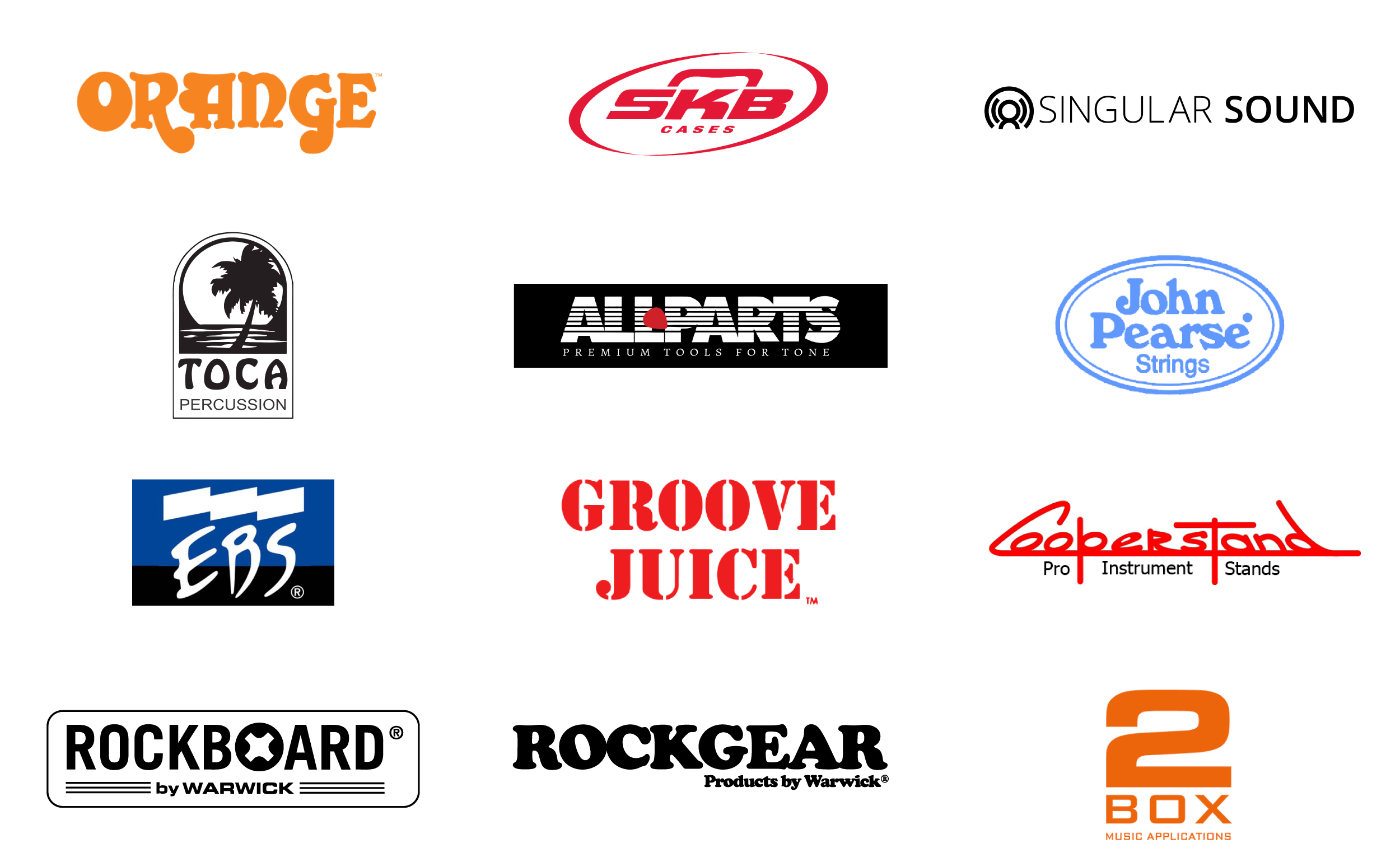 Launch Music partner logos - Orange, SKB Cases, Singular Sound, Allparts, Toca Percussion, John Pearse, EBS, Groove Juice, Cooperstand, RockBoard by Warwick, RockGear by Warwick (RockBag, RockCable, RockCase, RockStand), 2Box